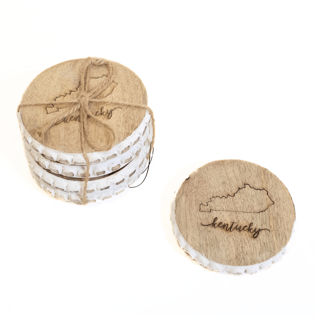 Engraved Kentucky Beaded Wood Coasters – Rustic Drink Coasters Set of 4 - A Taste of Kentucky