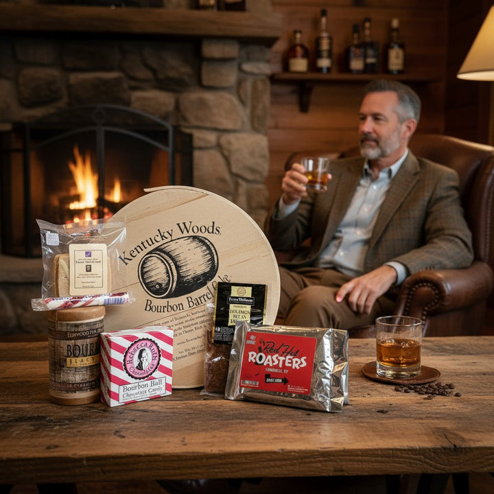 Man sitting in a cozy room with a fireplace, holding a glass of Bourbon , surrounded by The Let Them Eat Bourbon Gift Set, featuring a Bourbon Barrel Cake, chocolates, tea, and other Kentucky bourbon-themed treats on a wooden table.