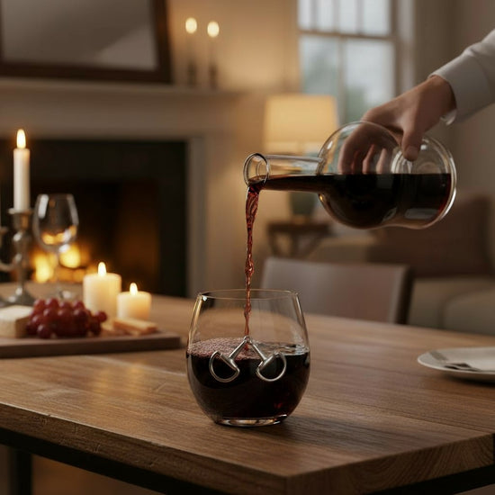 A lifestyle photo showing red wine being poured into an elegant equestrian bit stemless glass.