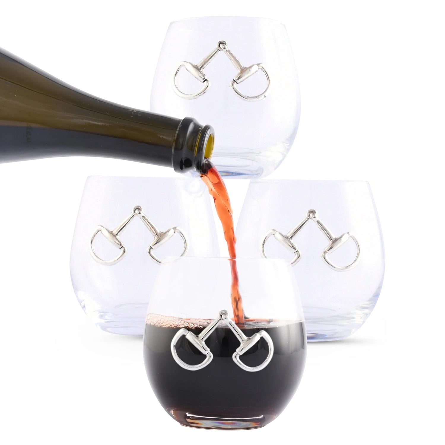 A set of four 12 oz stemless wine glasses, each featuring a detailed silver equestrian bit emblem.