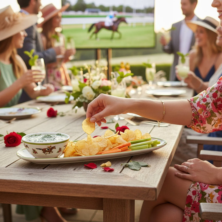 A lifestyle shot of the "Day at the Races" tray filled with chips, carrots, celery, and a green dip, being used at an outdoor garden party with a horse race on a screen in the background.