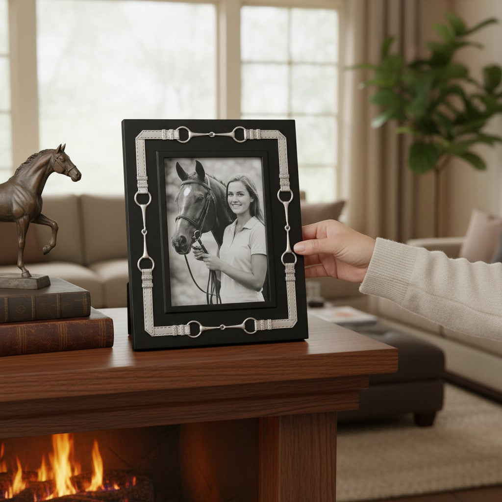 The 5x7 snaffle bit frame displayed on a mantle with a photo inside, adding a touch of equestrian charm to the room.