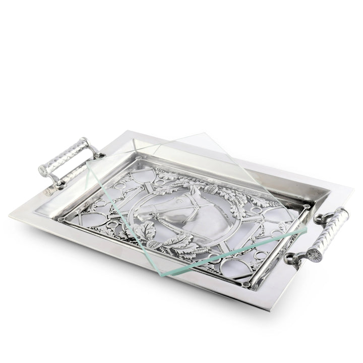 Decorative glass tray with silver metal handles on a white background