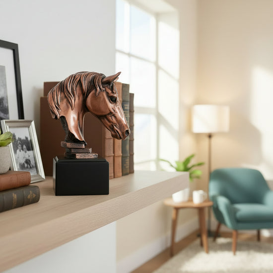 The horse head sculpture displayed on a wooden shelf in a home office, symbolizing strength and heritage.