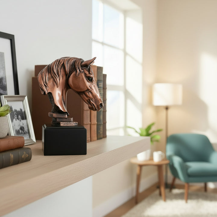 The horse head sculpture displayed on a wooden shelf in a home office, symbolizing strength and heritage.