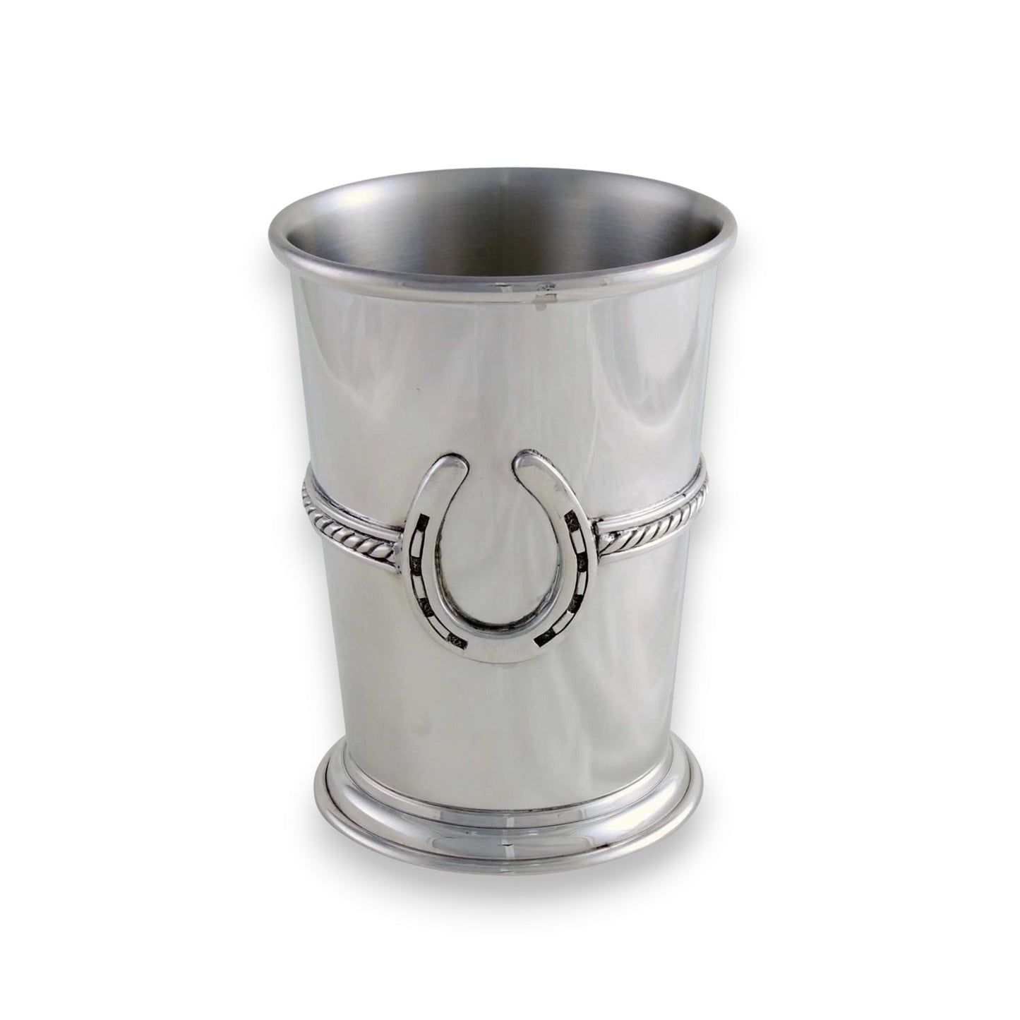 A front view of the luxurious pure pewter Equestrian Julep Cup, showcasing the detailed horseshoe emblem.