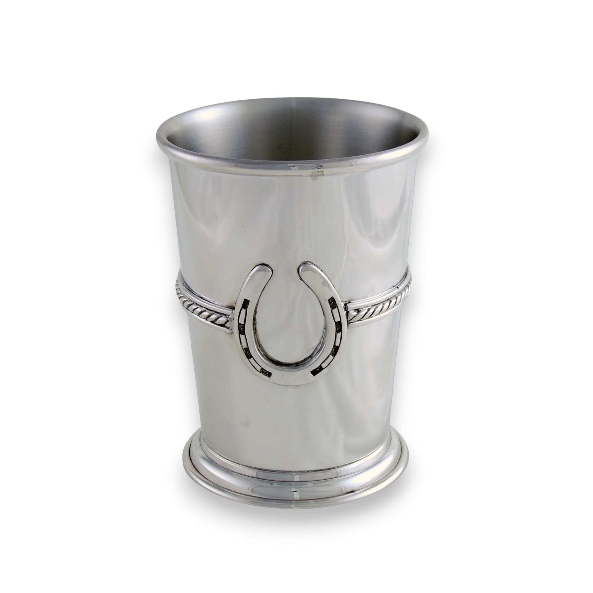 A front view of the luxurious pure pewter Equestrian Julep Cup, showcasing the detailed horseshoe emblem.