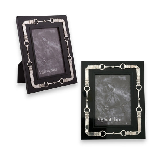 A front view of the luxurious black wood 5x7 photo frame, showcasing the repeating pattern of pewter snaffle bits and leather straps.