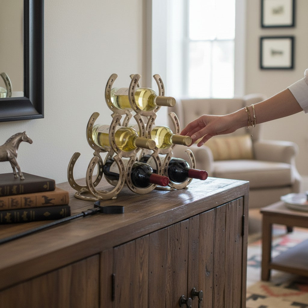 The wine rack filled with red and white wine bottles, styled on a wooden sideboard with equestrian decor.