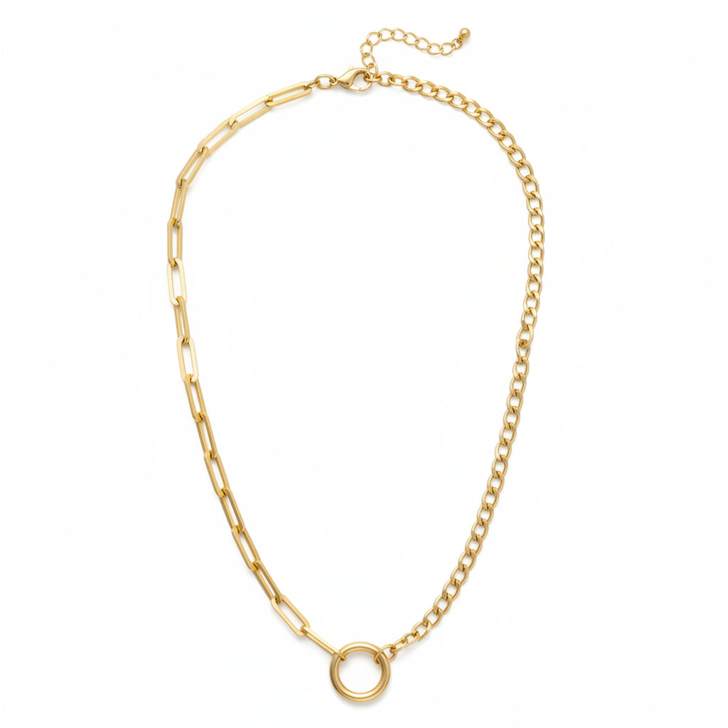 Full view of the Essex Half & Half Linked Pendant Necklace Base in 18K shiny gold, showing the split paperclip and curb chain design on a white background.