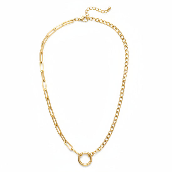 Full view of the Essex Half & Half Linked Pendant Necklace Base in 18K shiny gold, showing the split paperclip and curb chain design on a white background.