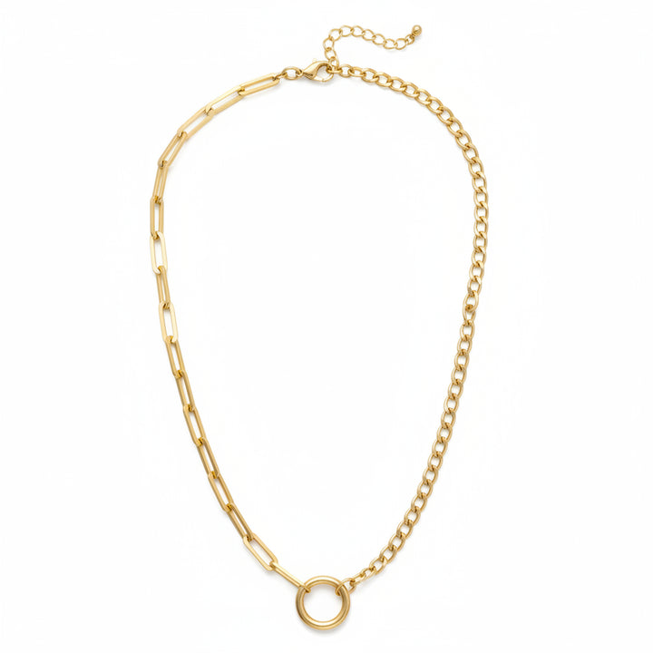 Full view of the Essex Half & Half Linked Pendant Necklace Base in 18K shiny gold, showing the split paperclip and curb chain design on a white background.