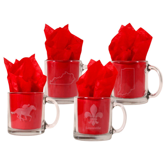 Etched Glass Mug – Kentucky, Indiana, Fleur de Lis, Thoroughbred & Jockey Designs - A Taste of Kentucky