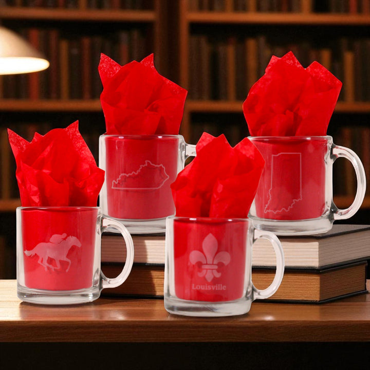 Etched Glass Mug – Kentucky, Indiana, Fleur de Lis, Thoroughbred & Jockey Designs - A Taste of Kentucky