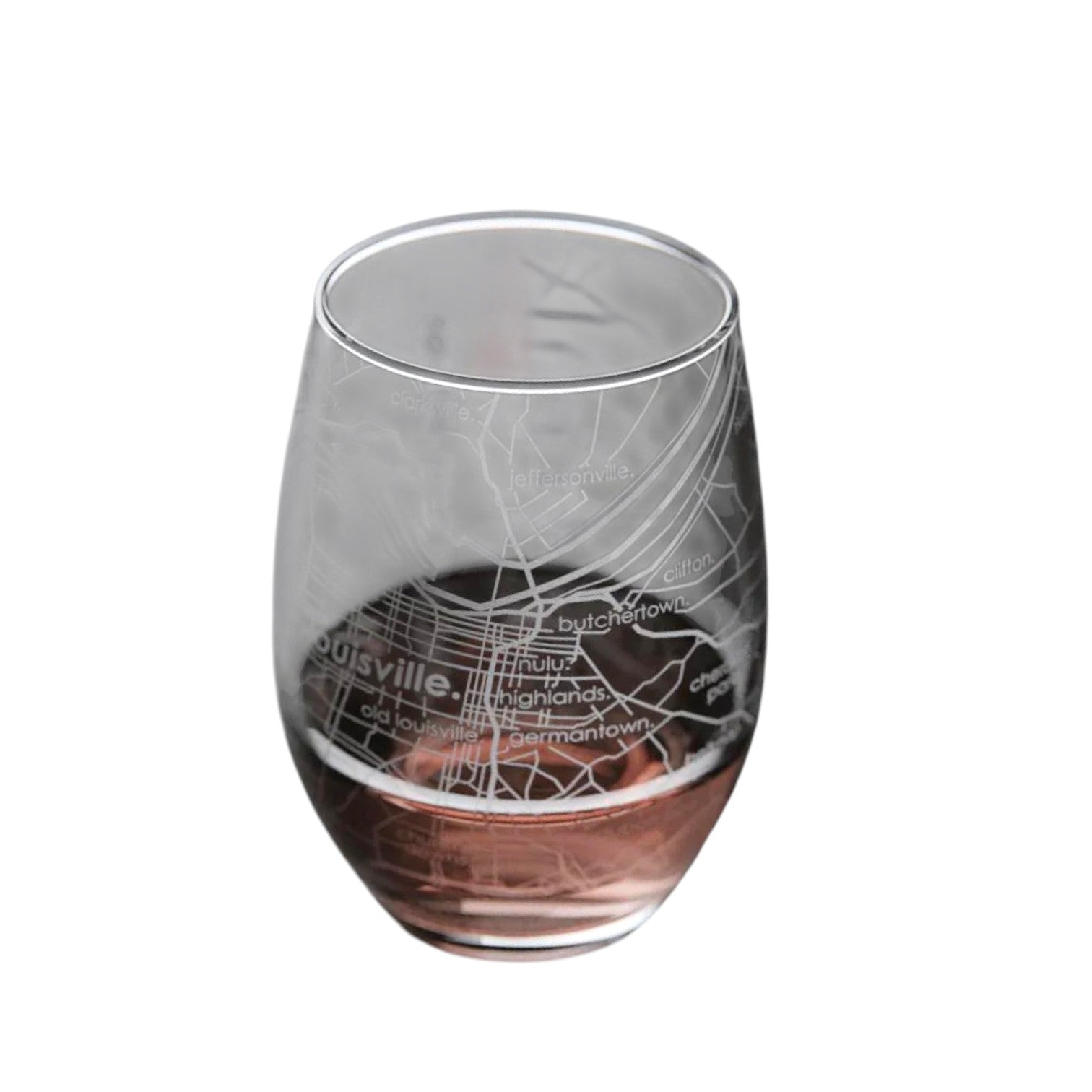 Red wine poured into the Louisville map stemless glass.