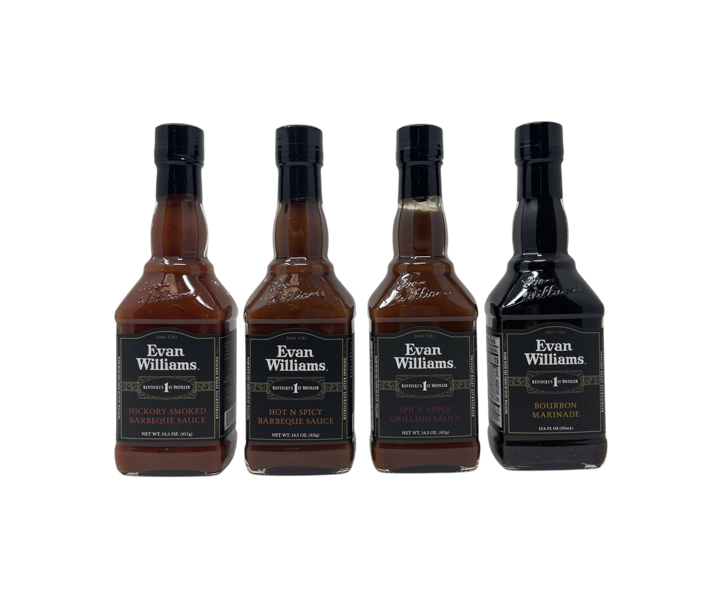 Four bottles of Evan Williams bourbon mashup on a white background