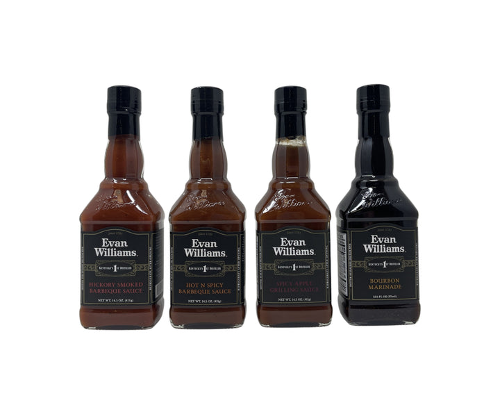 Four bottles of Evan Williams bourbon mashup on a white background
