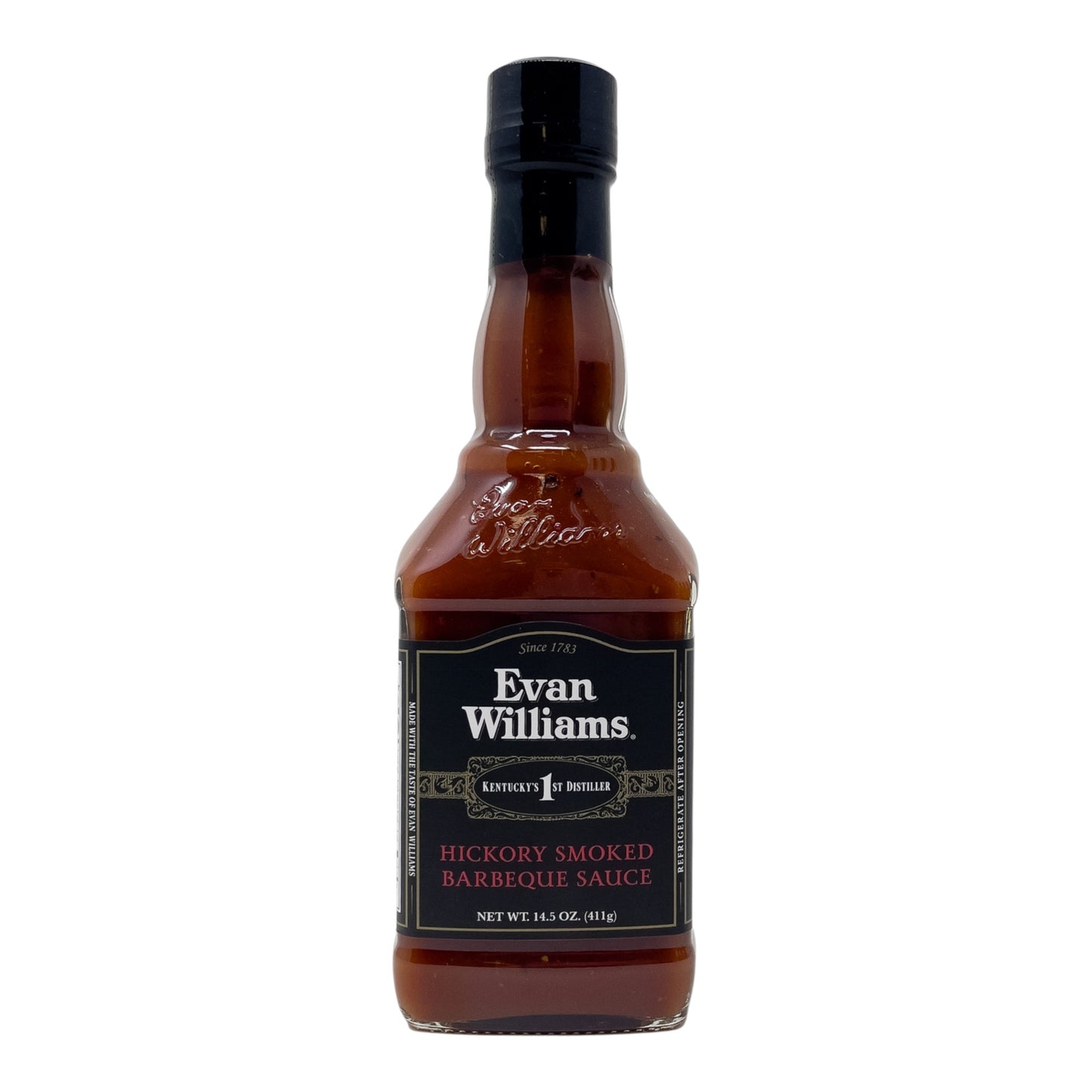 Bottle of Evan Williams hickory smoked barbecue sauce on a white background