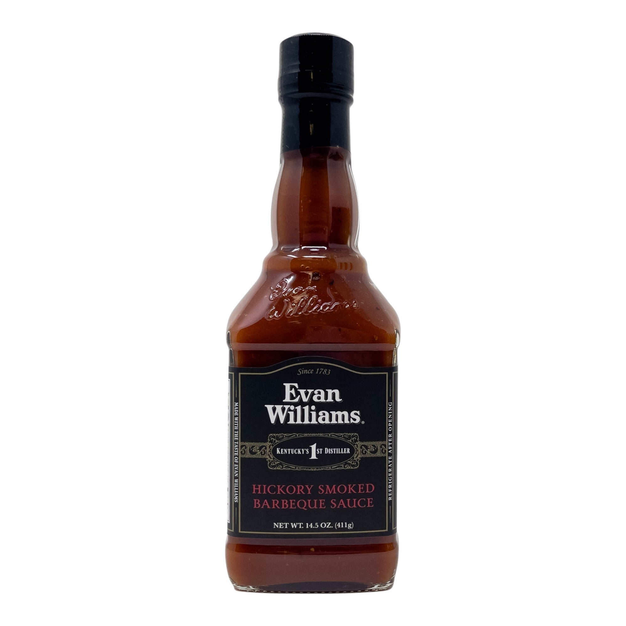 Bottle of Evan Williams hickory smoked barbecue sauce on a white background