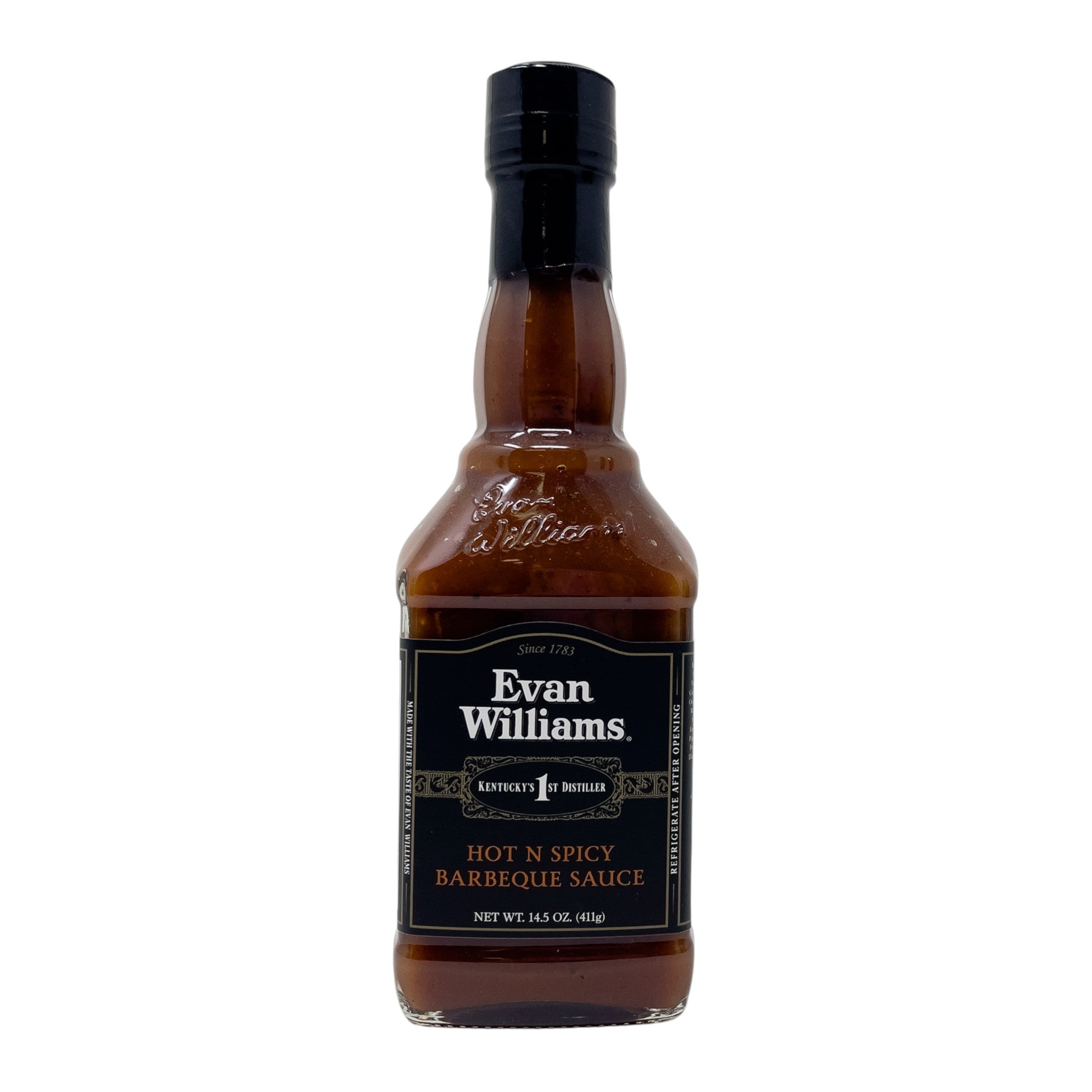 Bottle of Evan Williams hot n spicy barbecue sauce on a white background