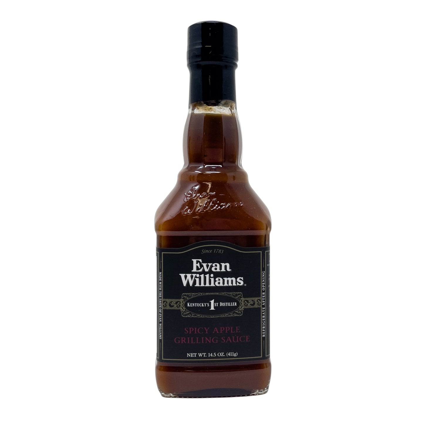 Bottle of Evan Williams Spicy Apple Grilling Sauce on a white background