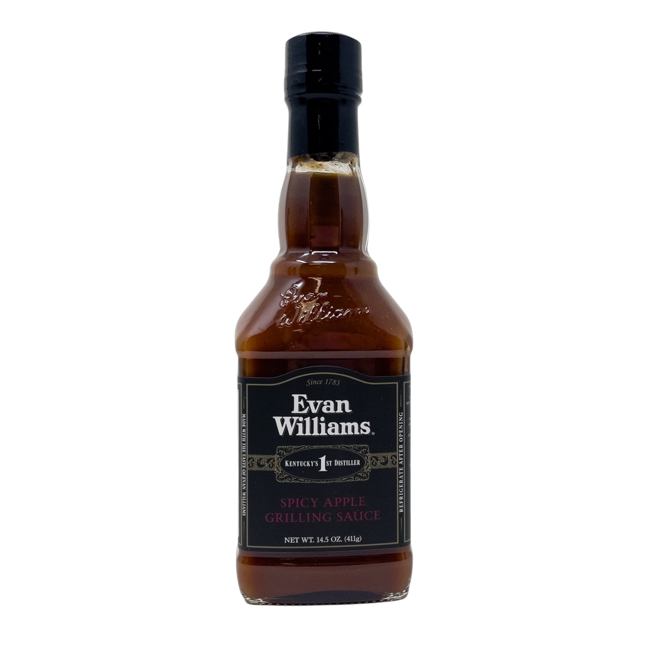 Bottle of Evan Williams Spicy Apple Grilling Sauce on a white background