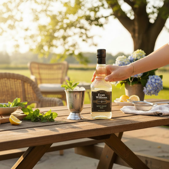 Person holding a bottle of Evan Williams Mint Julep Mix on a wooden table outdoors with a garden background.