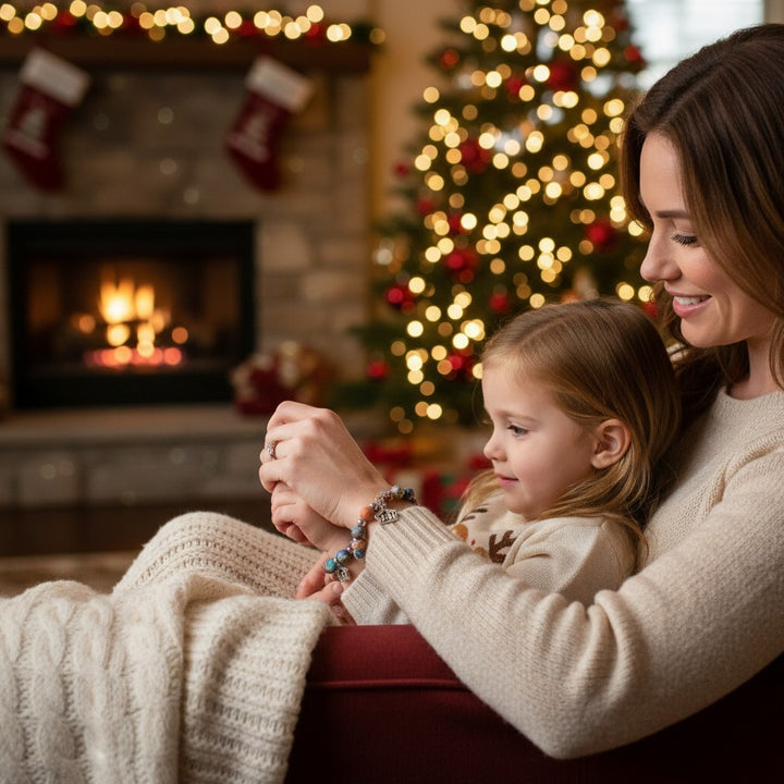 A mother and child smiling, showing their matching Christmas Story Bracelets during the holidays.