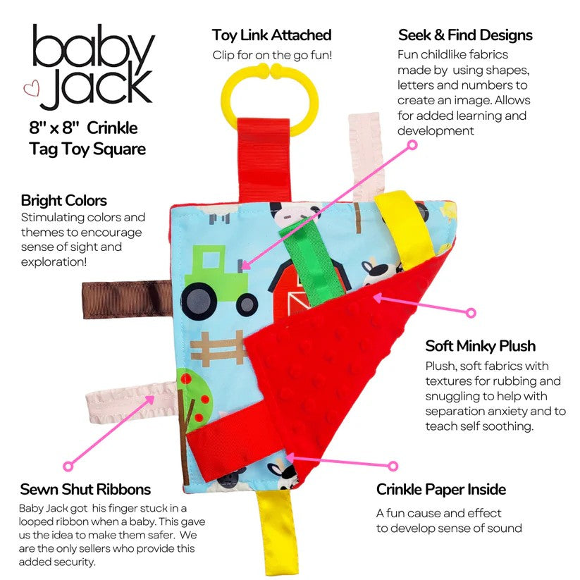 Baby Jack crinkle tag toy square with features highlighted on a white background