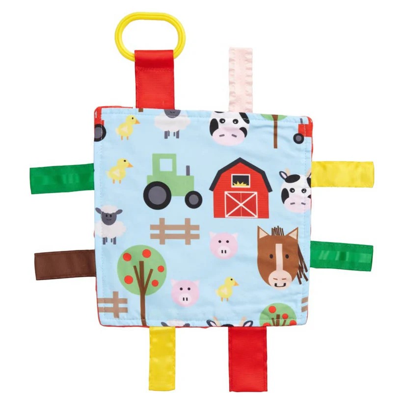 Learning Lovey Crinkle Tag Square with farm animal and vehicle patterns on a white background