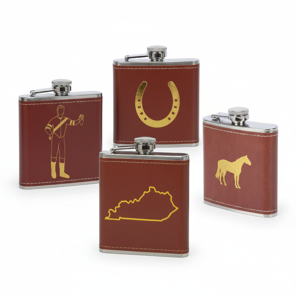 A group shot of the faux leather-wrapped flask collection featuring gold equestrian and Kentucky designs on a white background.