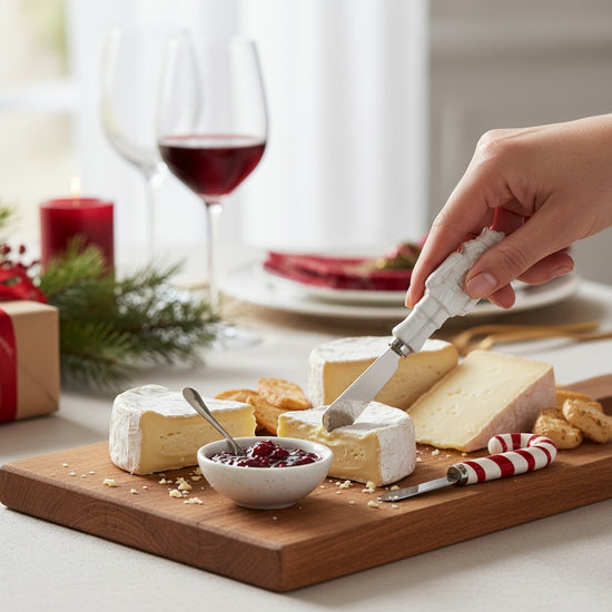 A festive holiday cheese board featuring the nutcracker and candy cane spreaders.