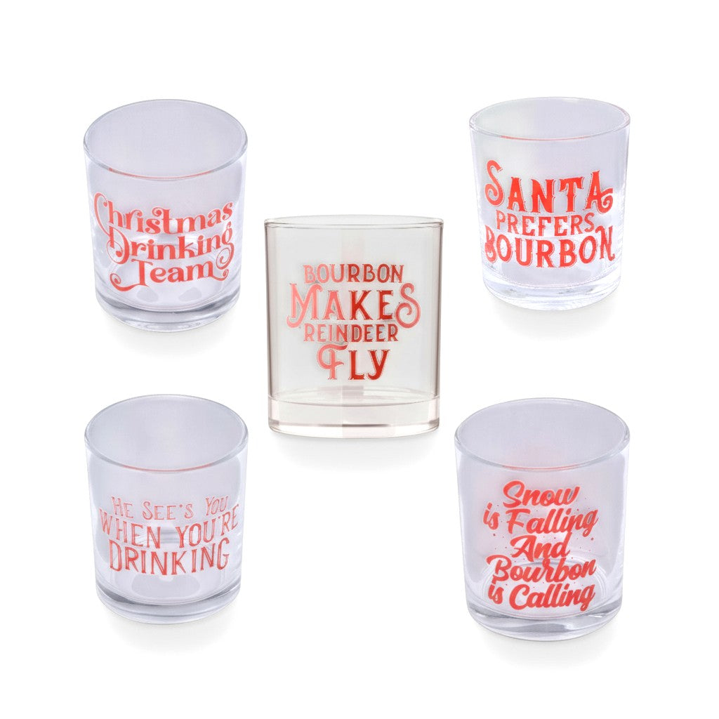A group of five Christmas rocks glasses with different festive sayings.