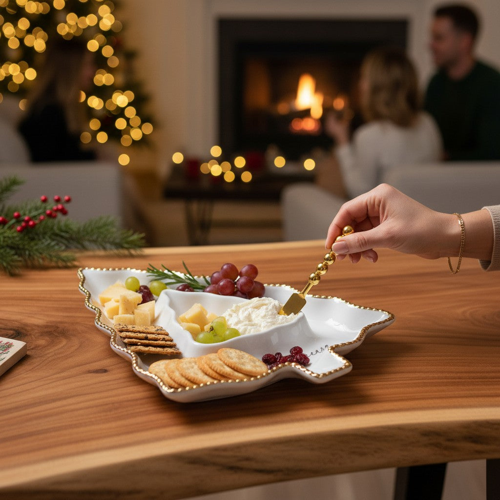 A cozy holiday table featuring the tree-shaped serving dish filled with festive snacks.