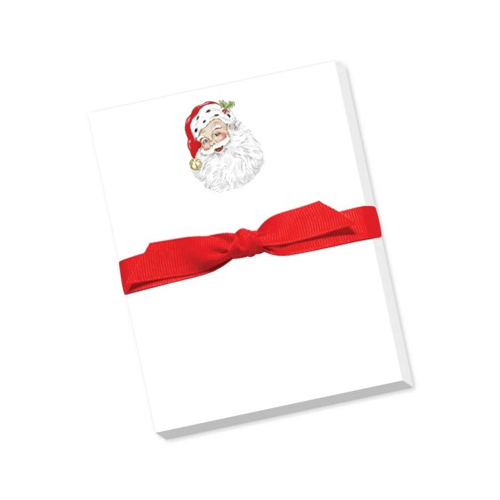 White card with a red ribbon and Santa Claus illustration on a white background