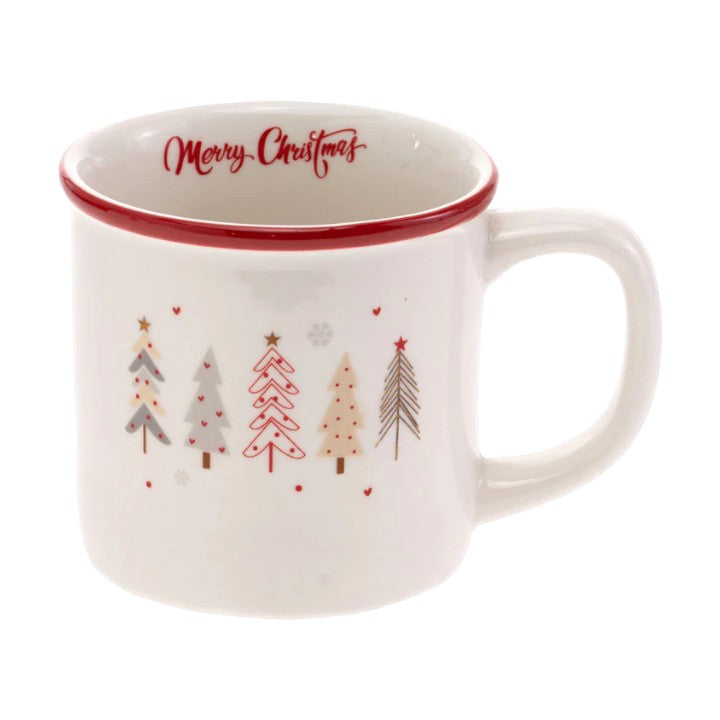 The Festive Trees ceramic mug with red rim and stylized Christmas tree artwork against a white background.