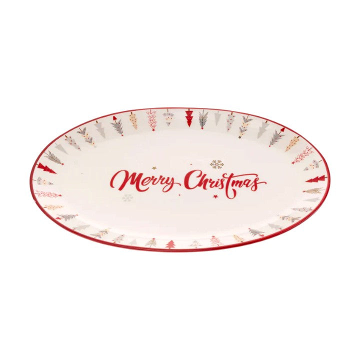The Festive Trees oval serving platter with "Merry Christmas" script and a border of colorful trees against a white 
