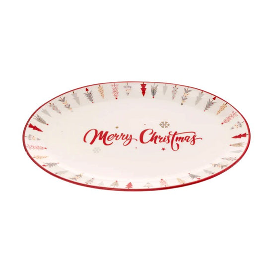The Festive Trees oval serving platter with "Merry Christmas" script and a border of colorful trees against a white 