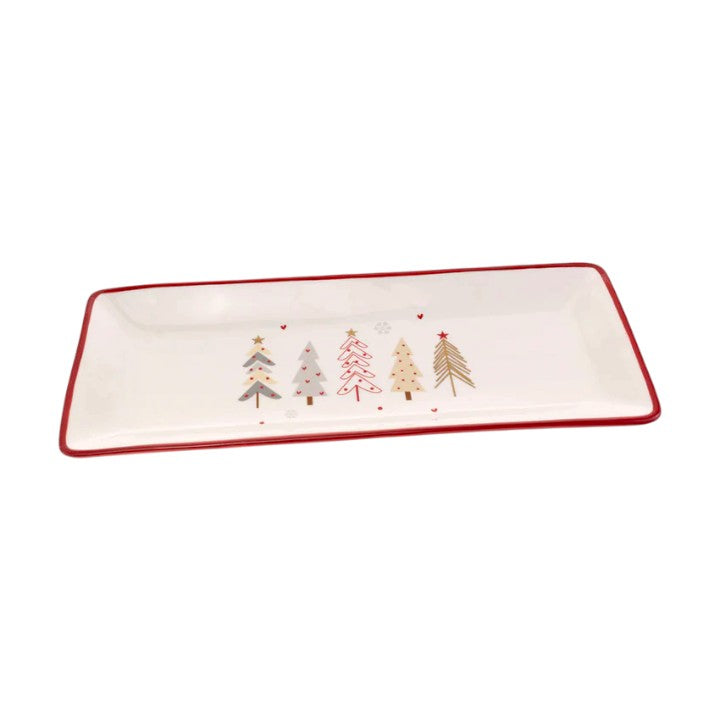 The Festive Trees rectangular serving plate with red rim and a row of whimsical trees on a white background.