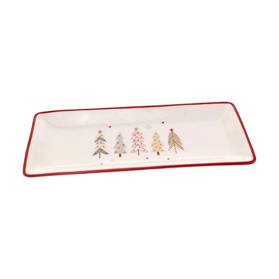 The Festive Trees rectangular serving plate with red rim and a row of whimsical trees on a white background.