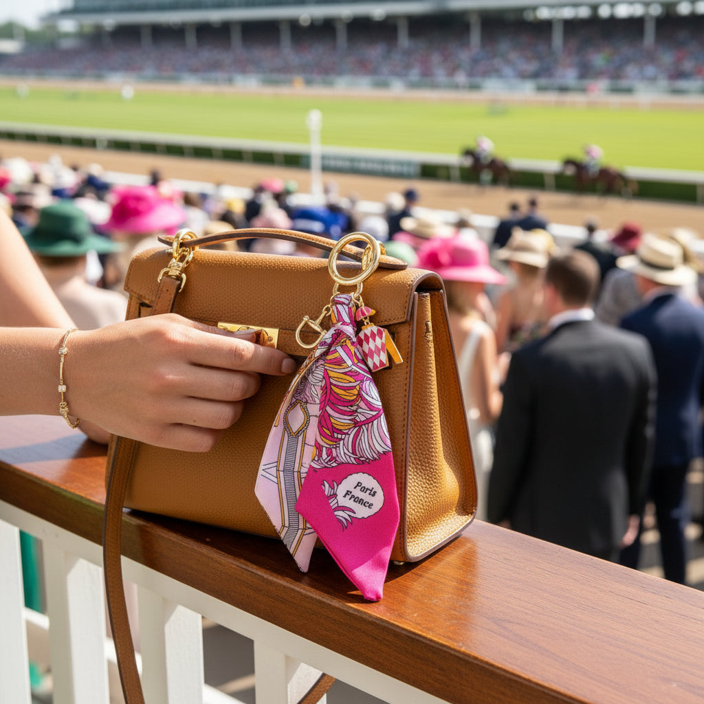  The Fiona Jockey Scarf Bag Charm in pink and orange tied to the handle of a leather handbag, showcasing the gold horsebit detail.