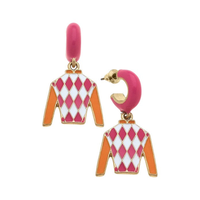A pair of Fiona Jockey Silk Huggie Drop Earrings in pink and orange with shiny gold plating.