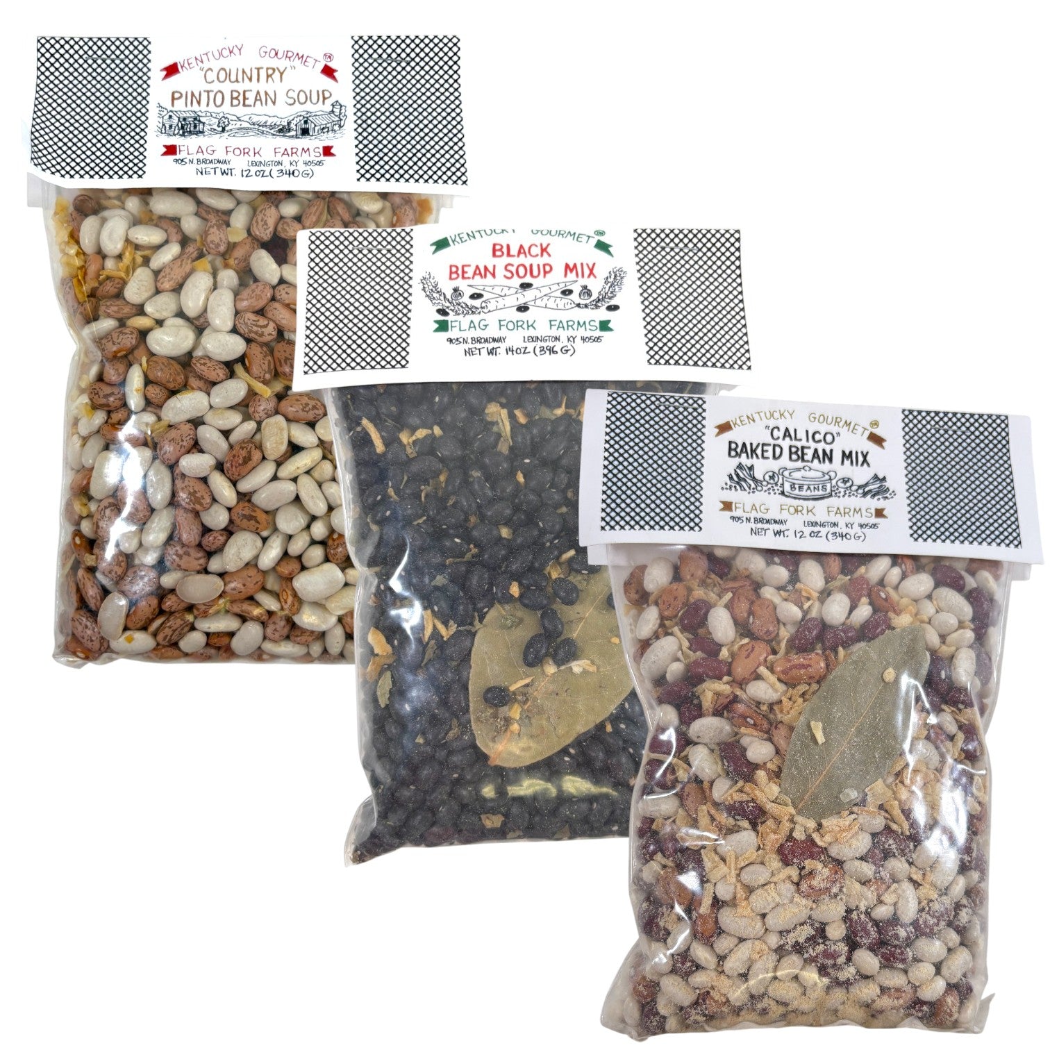 A group shot of the three Flag Fork Farms bean mix packages: Black Bean, Country Pinto Bean, and Calico Baked Bean.