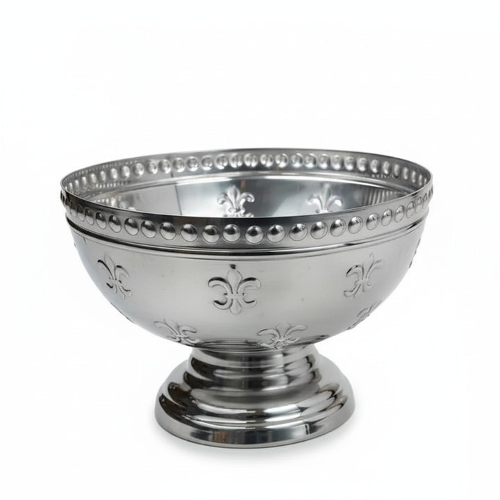A full view of the elegant Fleur-De-Lis aluminum bowl, highlighting its shiny silver finish and intricate design.