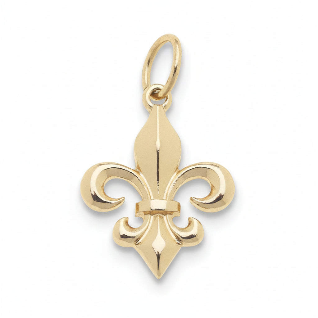 A close-up view of the Fleur De Lis Charm in shiny gold, highlighting its polished surface and elegant curves against a white background.