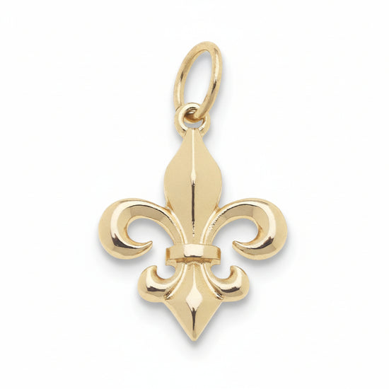 A close-up view of the Fleur De Lis Charm in shiny gold, highlighting its polished surface and elegant curves against a white background.