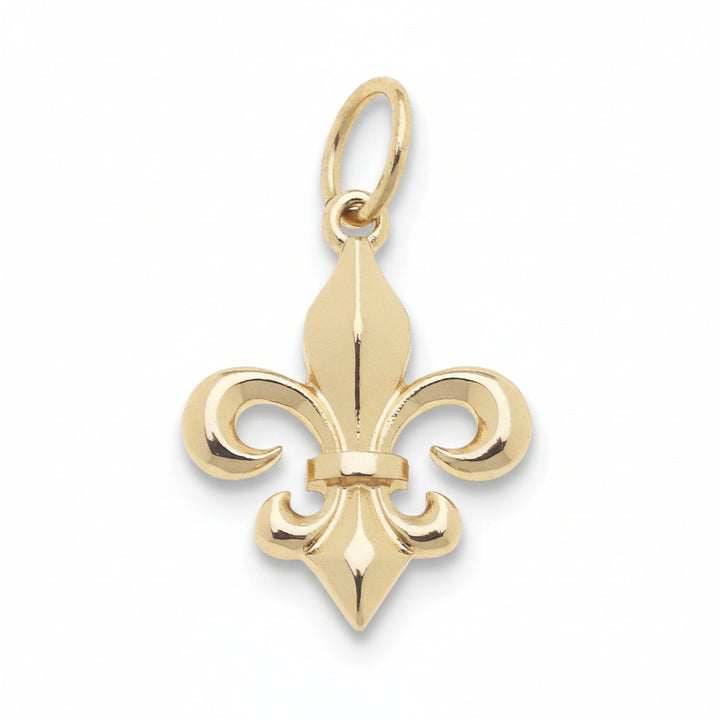 A close-up view of the Fleur De Lis Charm in shiny gold, highlighting its polished surface and elegant curves against a white background.