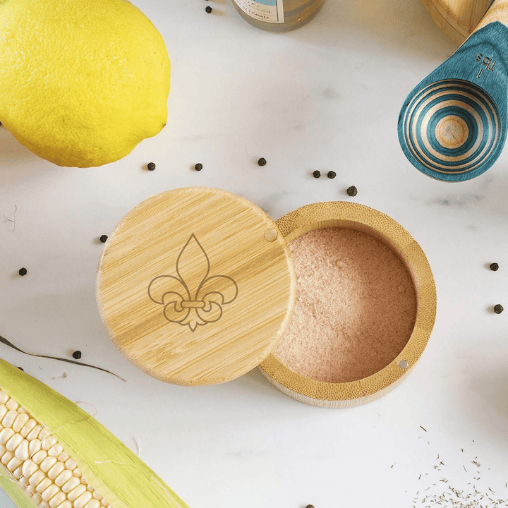 Fleur de Lis Engraved Bamboo Salt & Storage Box - A Taste of Kentucky