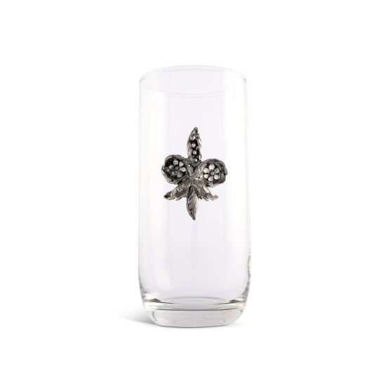 A full view of the elegant Fleur De Lis Iced Tea Glass, showcasing its tall shape and the pewter medallion.