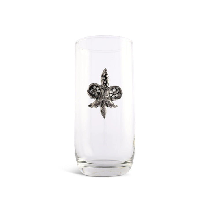A full view of the elegant Fleur De Lis Iced Tea Glass, showcasing its tall shape and the pewter medallion.